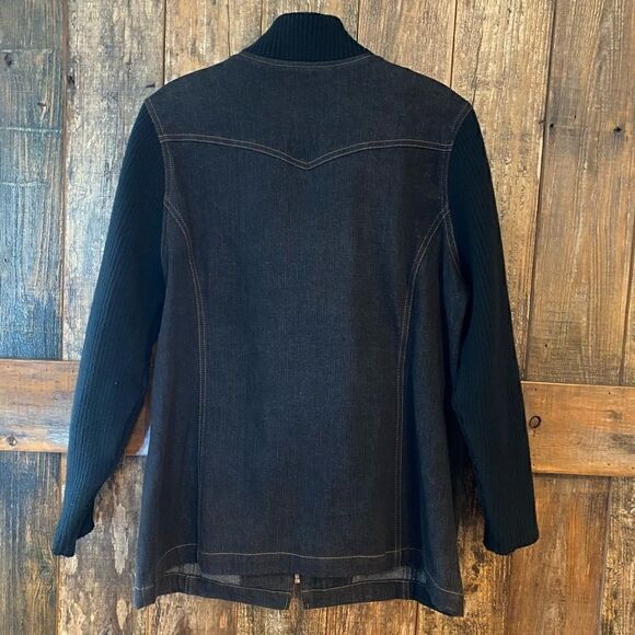 Denim & Co. M Black Denim Sweater Sleeves Full Zip Up Pockets Shacket - Picture 4 of 10